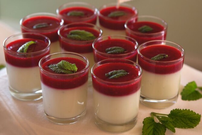 Keto Panna Cotta im Glas mit fruchtigem Erdbeer-Topping und Minzblatt – zuckerfreies Low Carb Dessert für die ketogene Ernährung, perfekt für Partys.