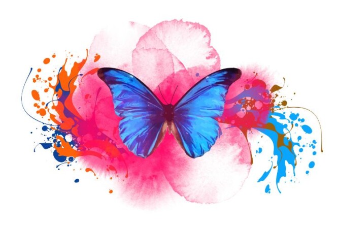 Blauer Schmetterling vor einem farbenfrohen Hintergrund aus Aquarell und Farbspritzern. Symbolisiert Transformation, Wachstum und Veränderung im Coaching-Prozess.