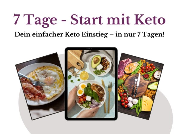 Produktbild zum 7-Tage-Keto-Einstieg-Kurs mit Headline, drei Keto-Mahlzeiten und einer Keto-Bowl auf einem Tablet als Symbol für den digitalen Kurs.